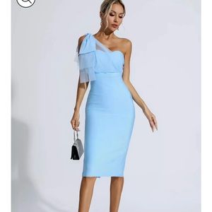 Elegant One-Shoulder Blue Midi Dress